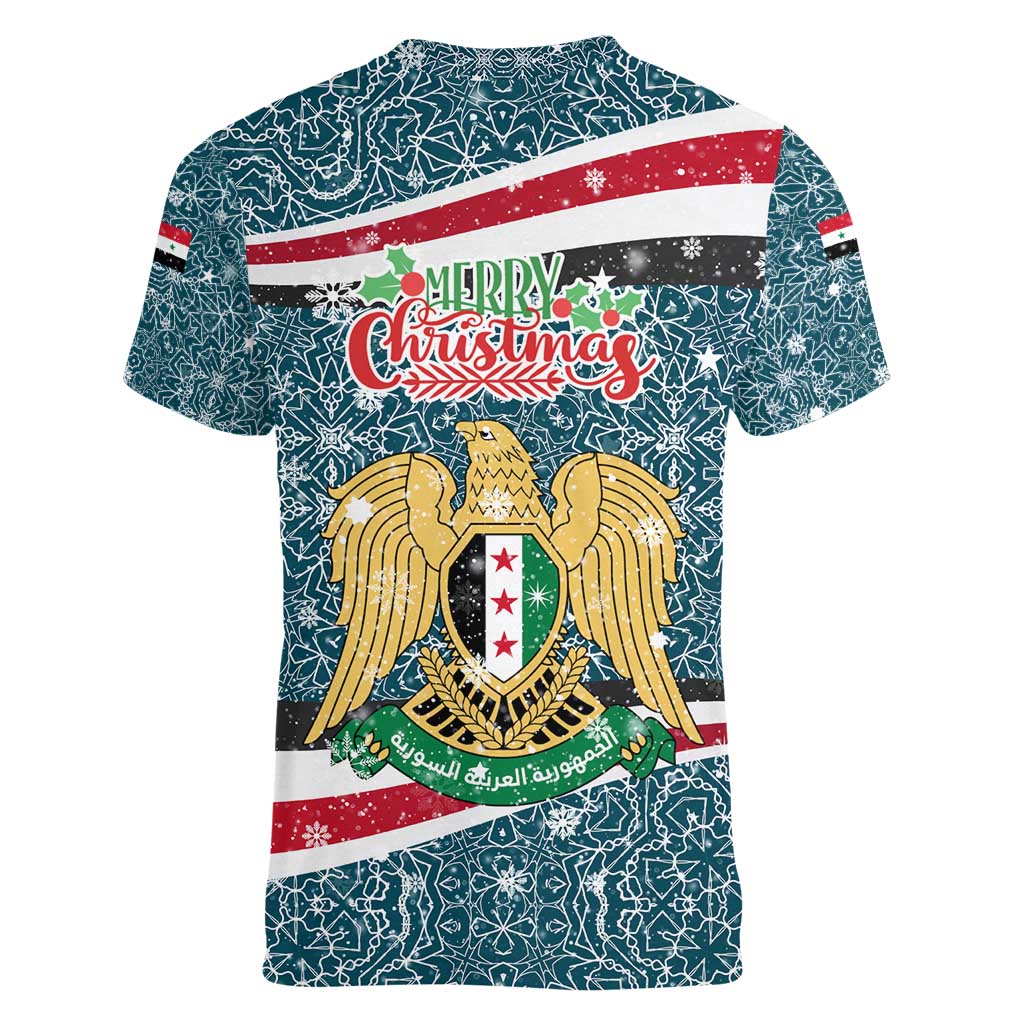 Syria Christmas Women V-Neck T-Shirt with National Flag Motif, Coat of Arms Eagle, and Festive Snowflake Pattern - Wonder Print Shop