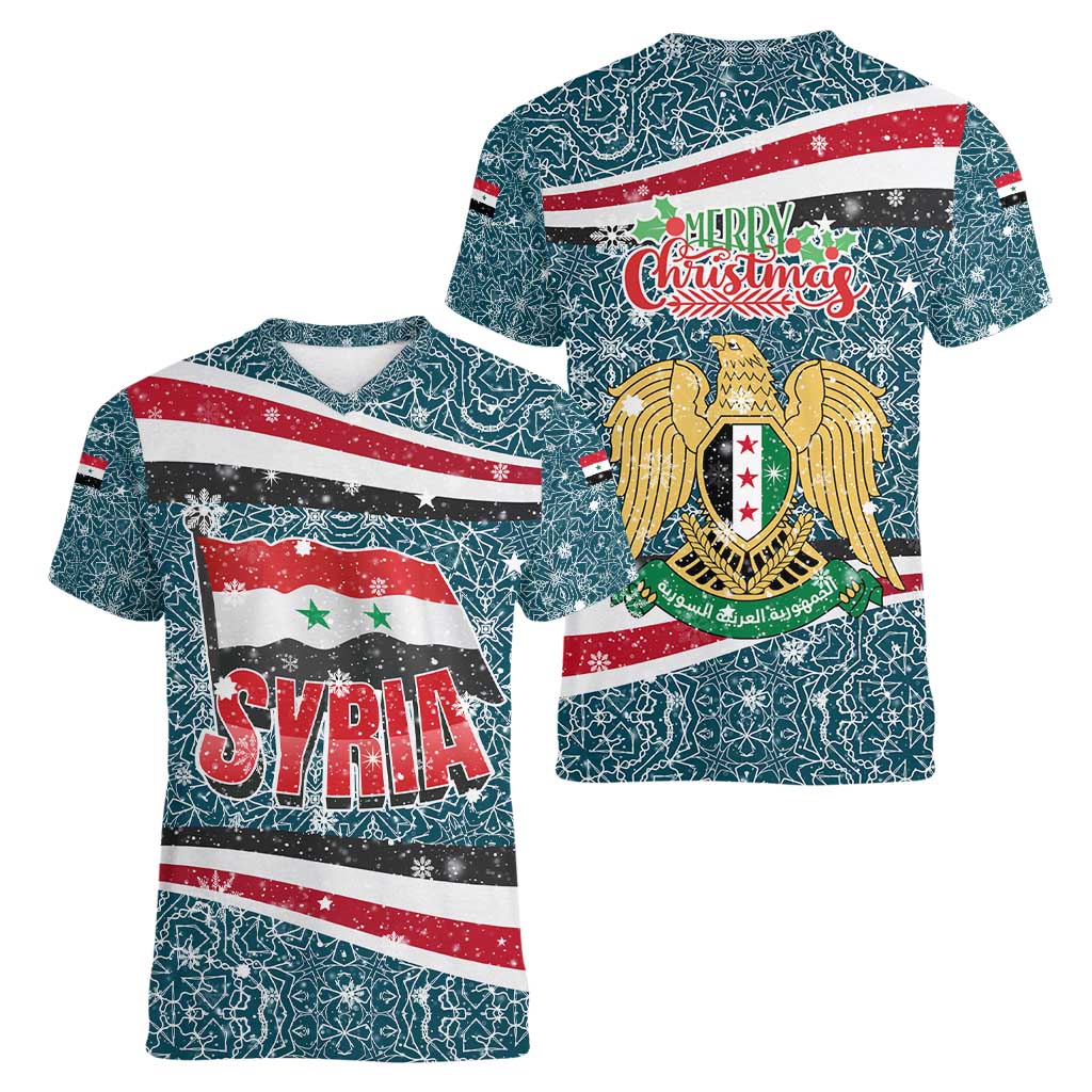 Syria Christmas Women V-Neck T-Shirt with National Flag Motif, Coat of Arms Eagle, and Festive Snowflake Pattern - Wonder Print Shop