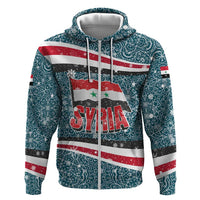 Syria Christmas Zip Hoodie with National Flag Motif, Coat of Arms Eagle, and Festive Snowflake Pattern - Wonder Print Shop