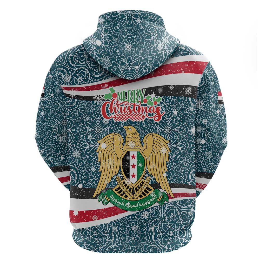 Syria Christmas Zip Hoodie with National Flag Motif, Coat of Arms Eagle, and Festive Snowflake Pattern - Wonder Print Shop