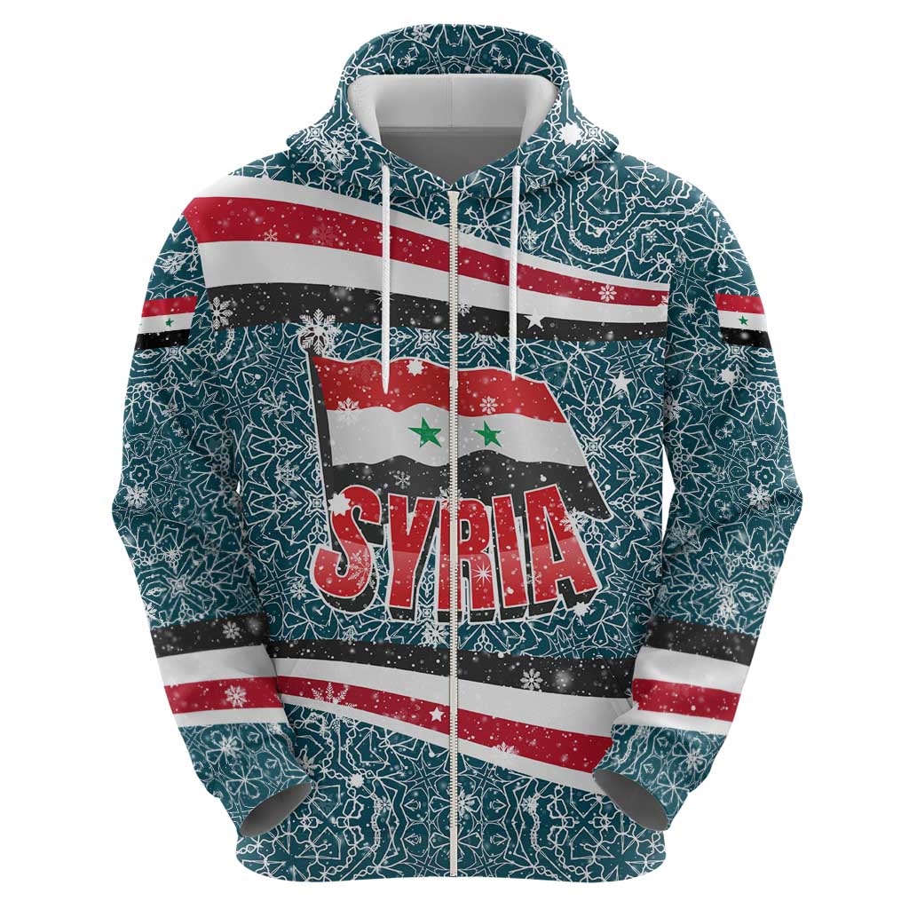 Syria Christmas Zip Hoodie with National Flag Motif, Coat of Arms Eagle, and Festive Snowflake Pattern - Wonder Print Shop