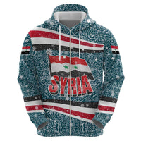 Syria Christmas Zip Hoodie with National Flag Motif, Coat of Arms Eagle, and Festive Snowflake Pattern - Wonder Print Shop