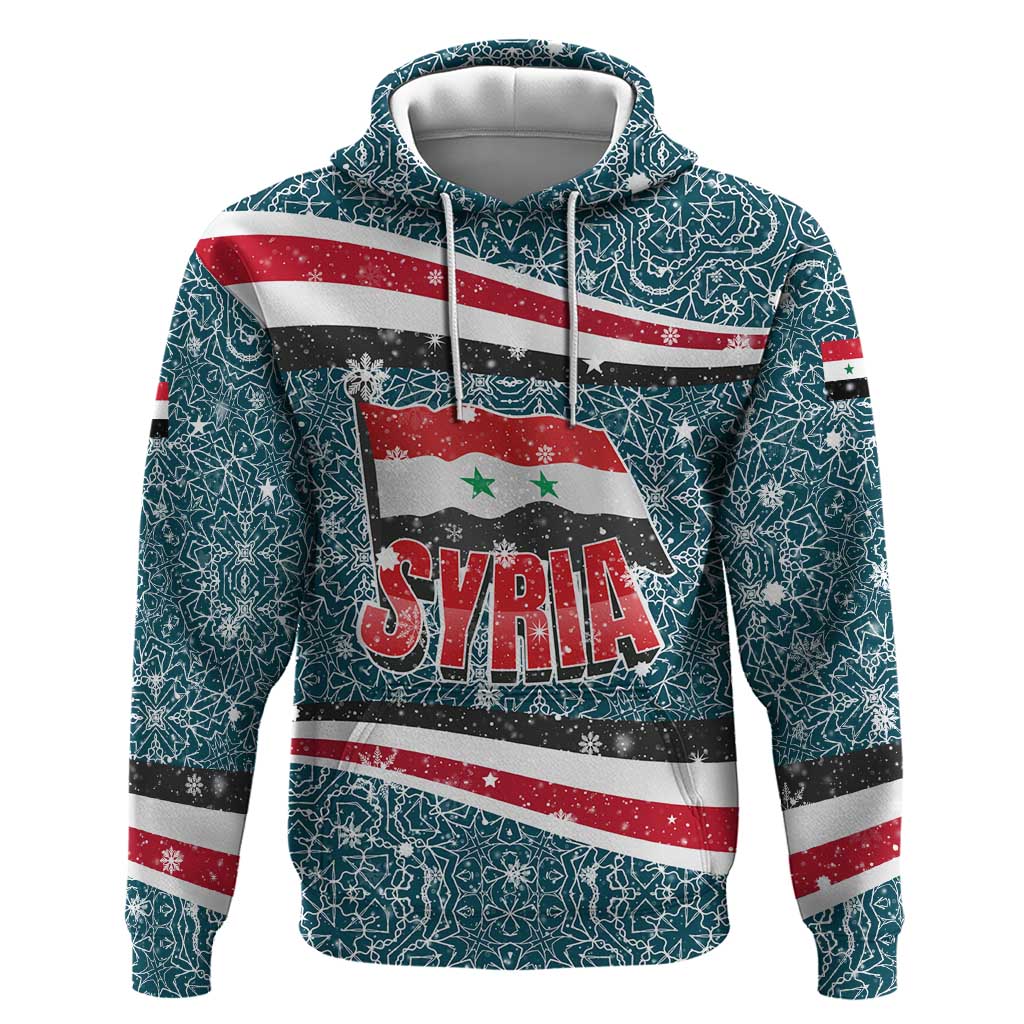 Syria Christmas Zip Hoodie with National Flag Motif, Coat of Arms Eagle, and Festive Snowflake Pattern - Wonder Print Shop