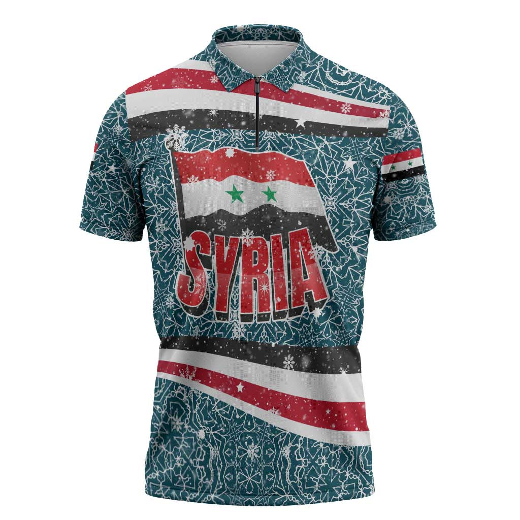 Syria Christmas Zipper Polo Shirt with National Flag Motif, Coat of Arms Eagle, and Festive Snowflake Pattern - Wonder Print Shop