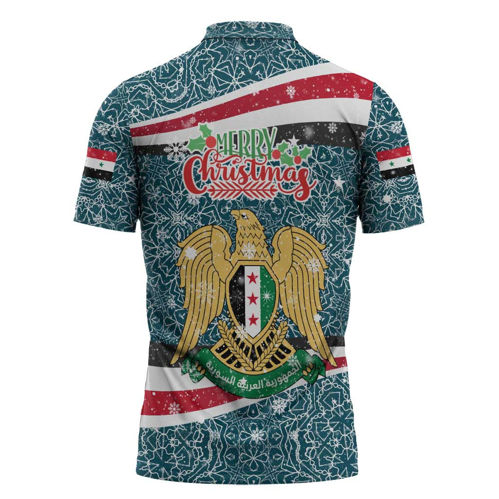 Syria Christmas Zipper Polo Shirt with National Flag Motif, Coat of Arms Eagle, and Festive Snowflake Pattern - Wonder Print Shop