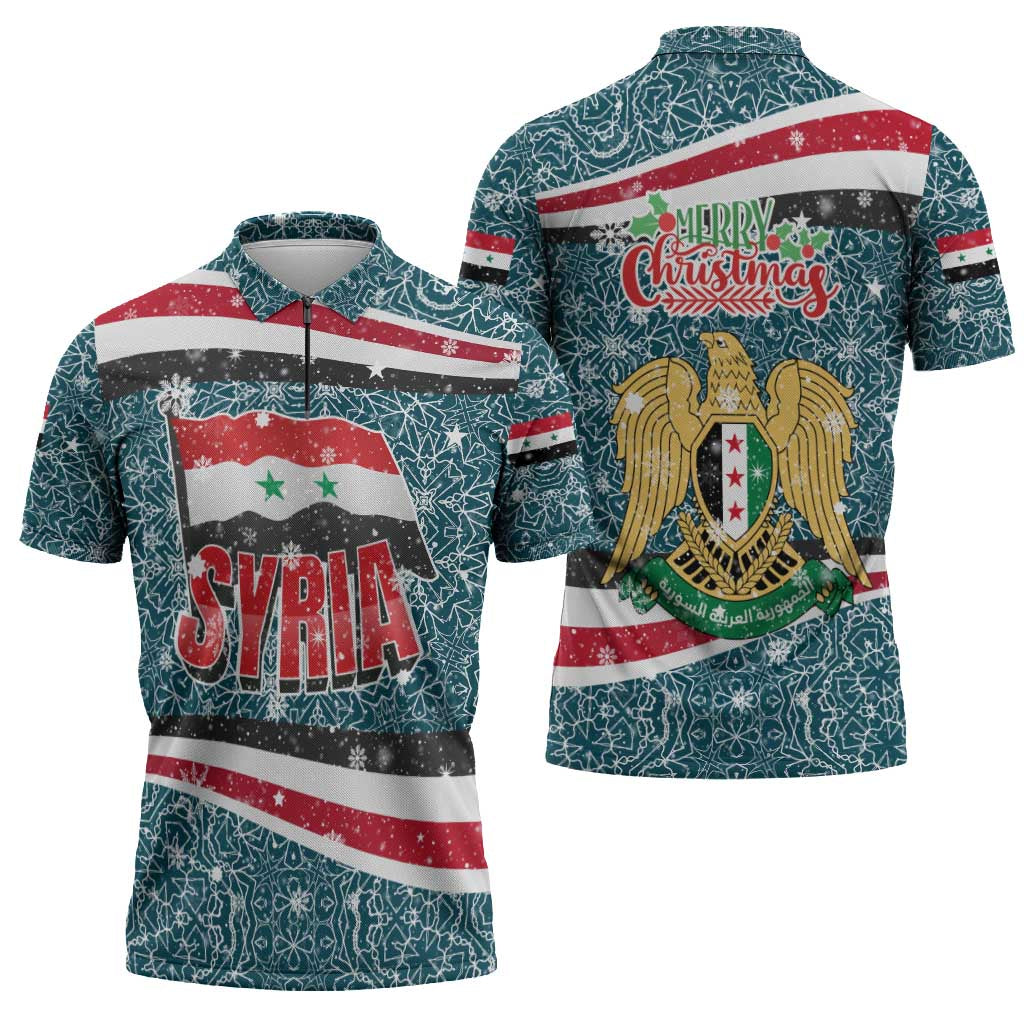 Syria Christmas Zipper Polo Shirt with National Flag Motif, Coat of Arms Eagle, and Festive Snowflake Pattern - Wonder Print Shop