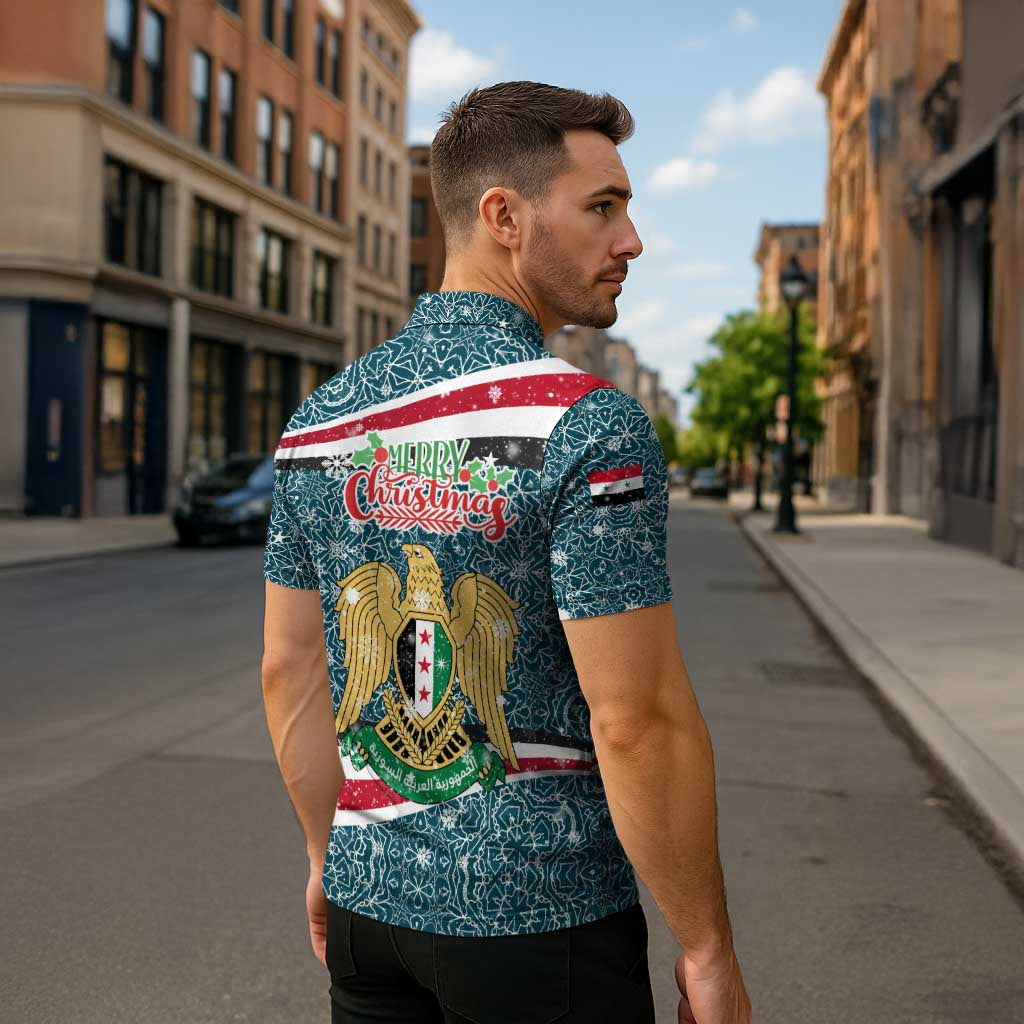 Syria Christmas Zipper Polo Shirt with National Flag Motif, Coat of Arms Eagle, and Festive Snowflake Pattern - Wonder Print Shop