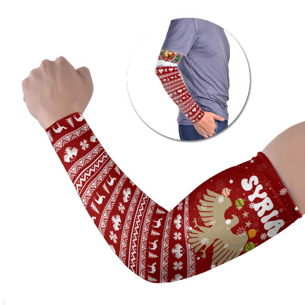 Syria Christmas Arm Sleeves with Golden Eagle Emblem Christmas Camel Scene - Wonder Print Shop
