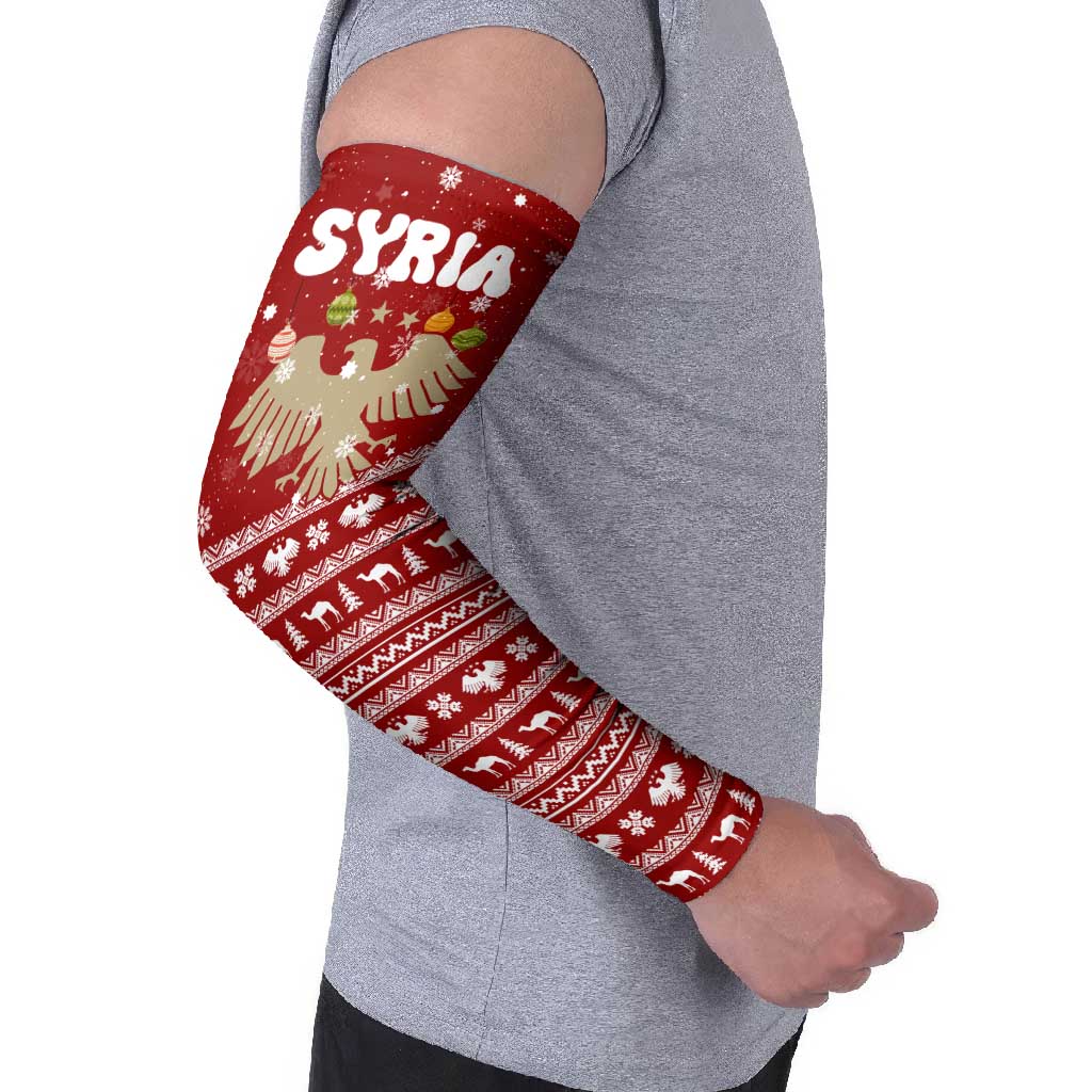Syria Christmas Arm Sleeves with Golden Eagle Emblem Christmas Camel Scene - Wonder Print Shop