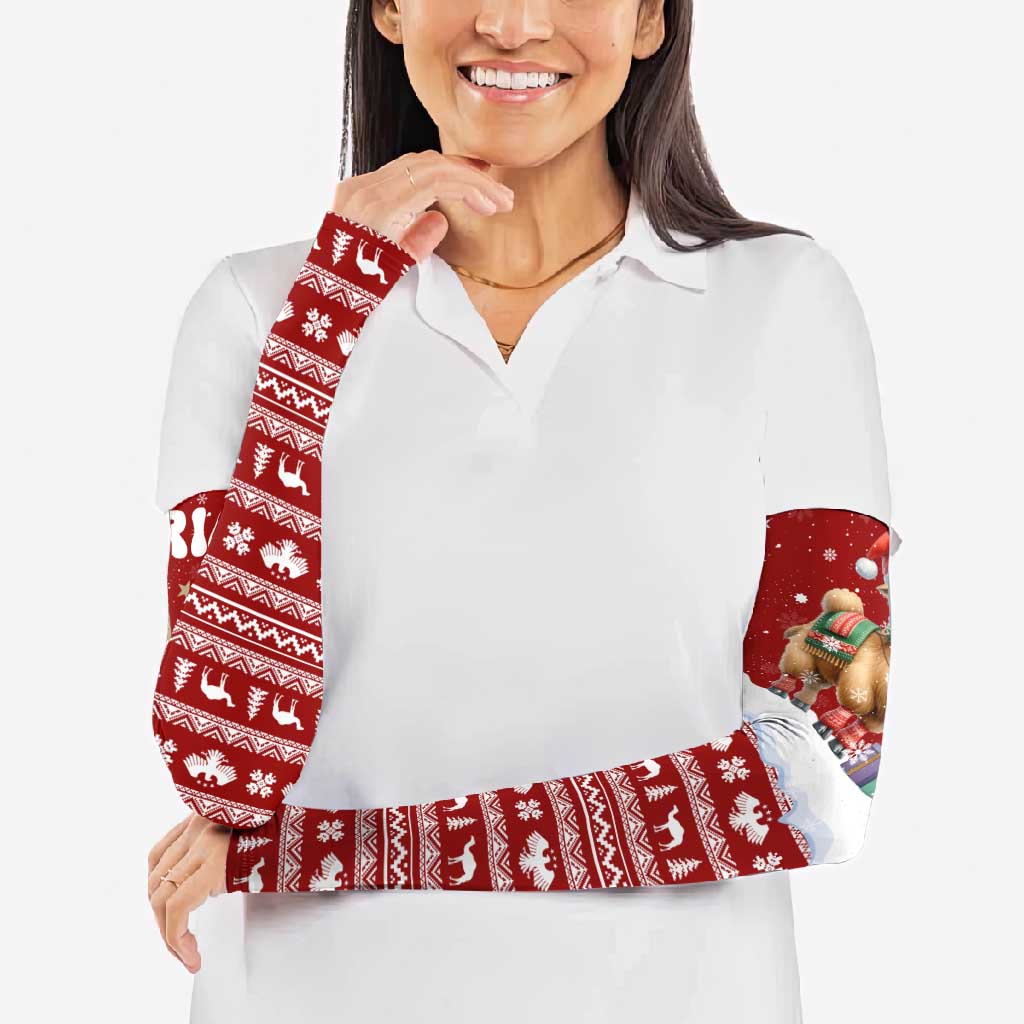 Syria Christmas Arm Sleeves with Golden Eagle Emblem Christmas Camel Scene - Wonder Print Shop