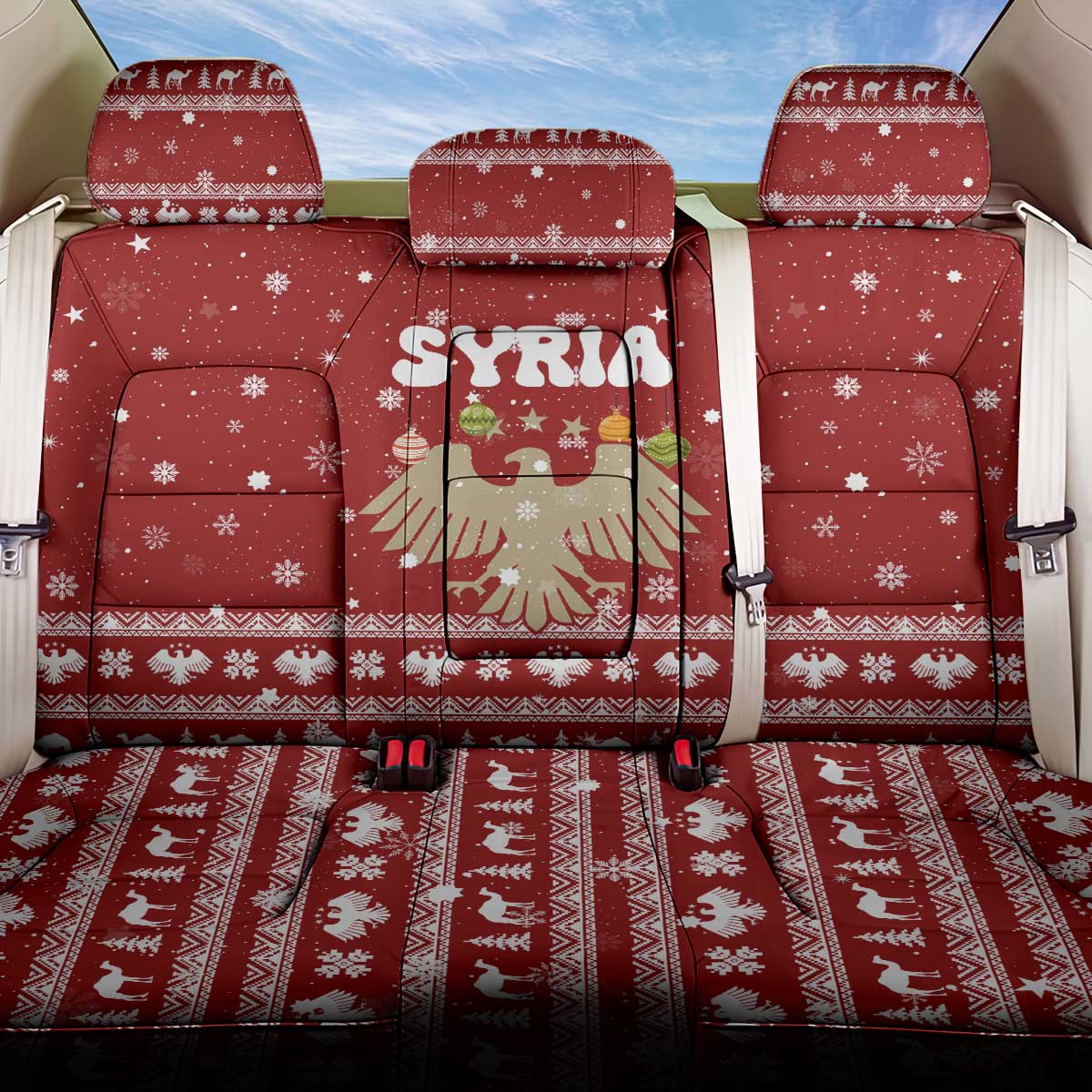 Syria Christmas Back Car Seat Cover with Golden Eagle Emblem Christmas Camel Scene - Wonder Print Shop