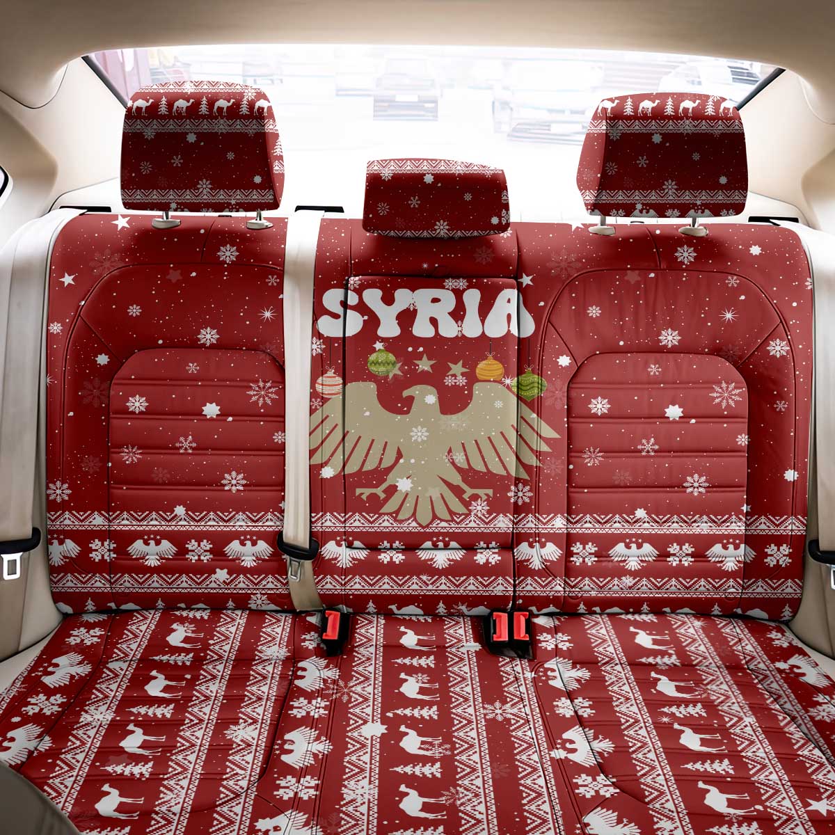 Syria Christmas Back Car Seat Cover with Golden Eagle Emblem Christmas Camel Scene - Wonder Print Shop