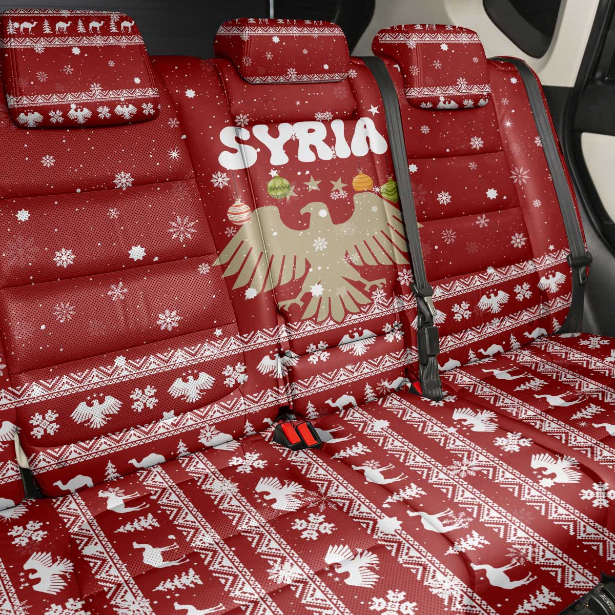 Syria Christmas Back Car Seat Cover with Golden Eagle Emblem Christmas Camel Scene - Wonder Print Shop