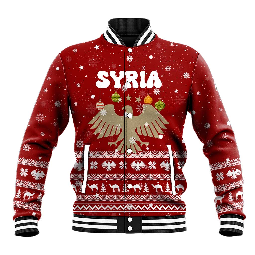 Syria Christmas Baseball Jacket with Golden Eagle Emblem Christmas Camel Scene - Wonder Print Shop