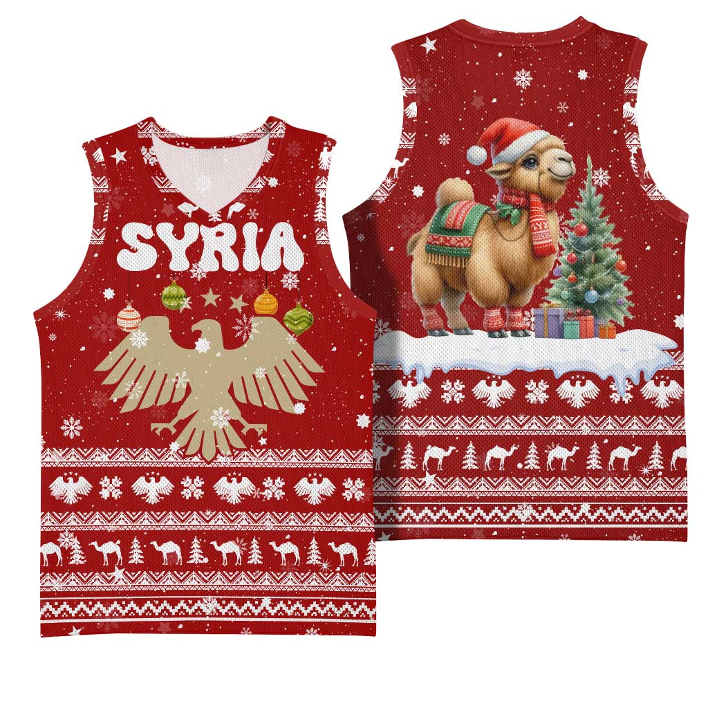 Syria Christmas Basketball Jersey with Golden Eagle Emblem Christmas Camel Scene - Wonder Print Shop