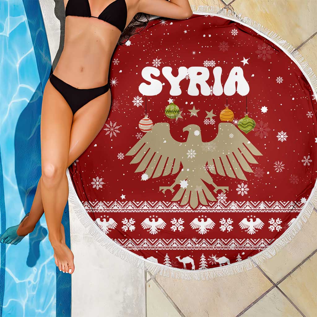 Syria Christmas Beach Blanket with Golden Eagle Emblem Christmas Camel Scene - Wonder Print Shop