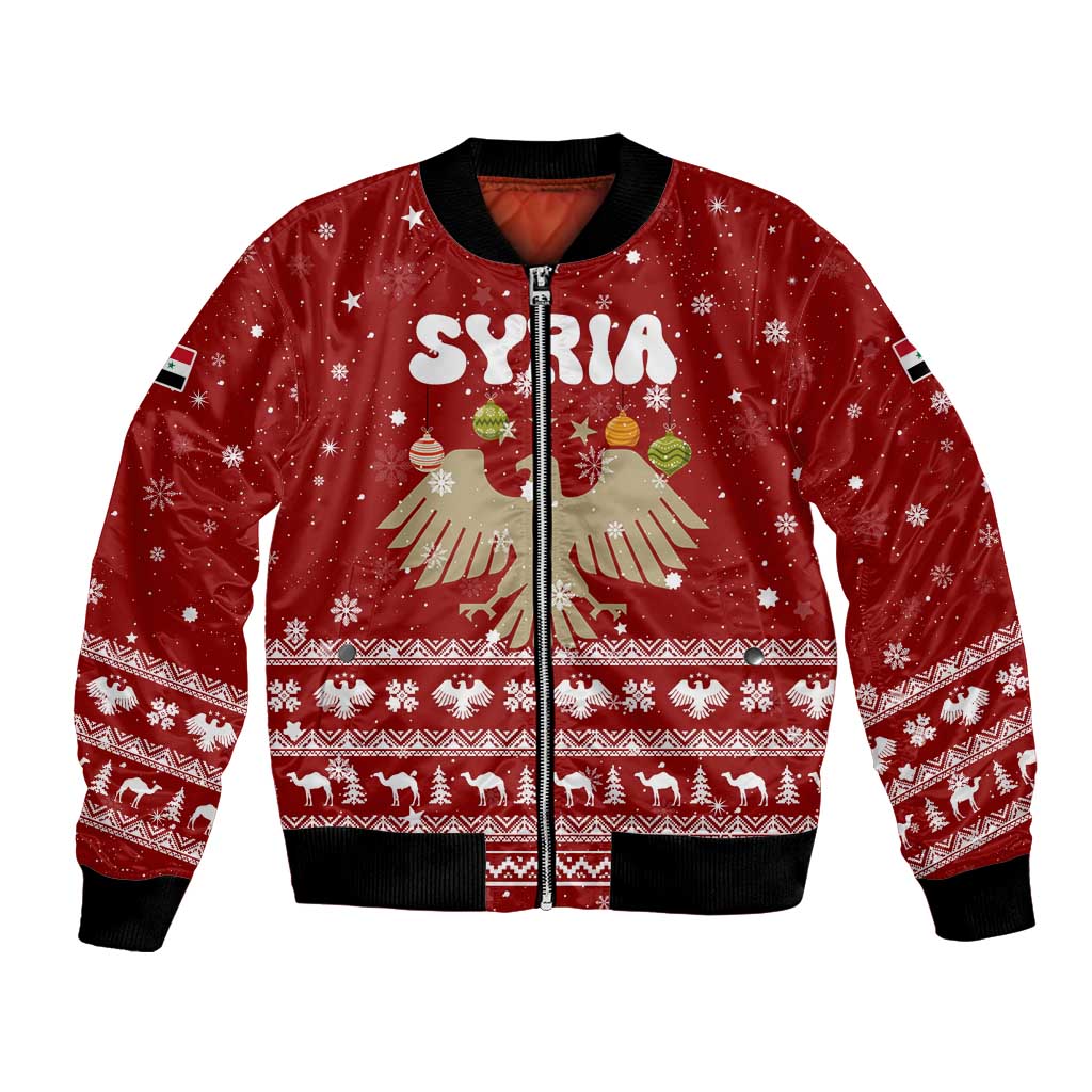 Syria Christmas Bomber Jacket with Golden Eagle Emblem Christmas Camel Scene - Wonder Print Shop