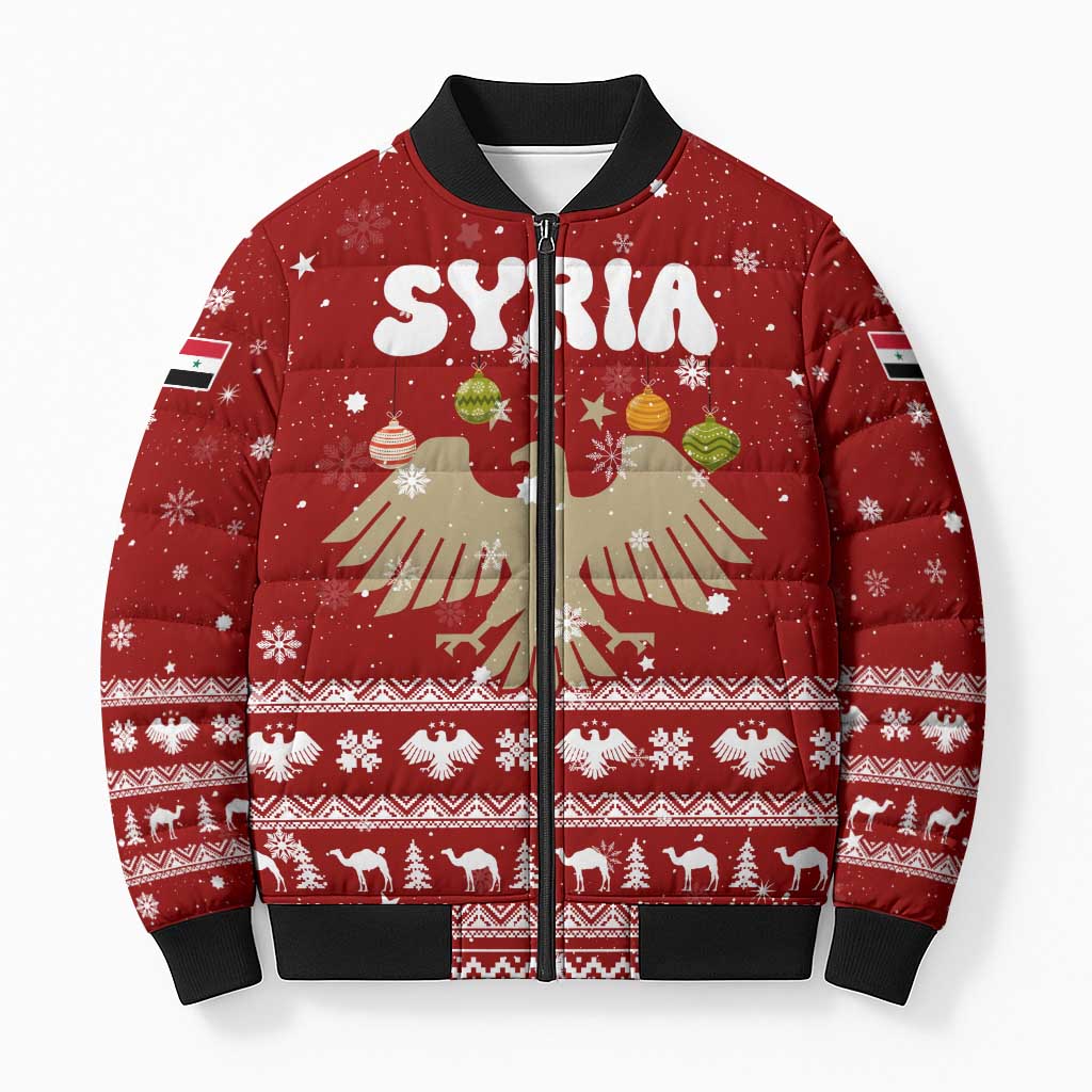 Syria Christmas Bomber Puffer Jacket with Golden Eagle Emblem Christmas Camel Scene - Wonder Print Shop