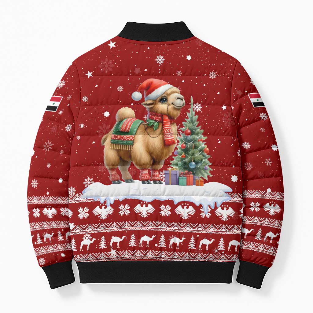 Syria Christmas Bomber Puffer Jacket with Golden Eagle Emblem Christmas Camel Scene - Wonder Print Shop