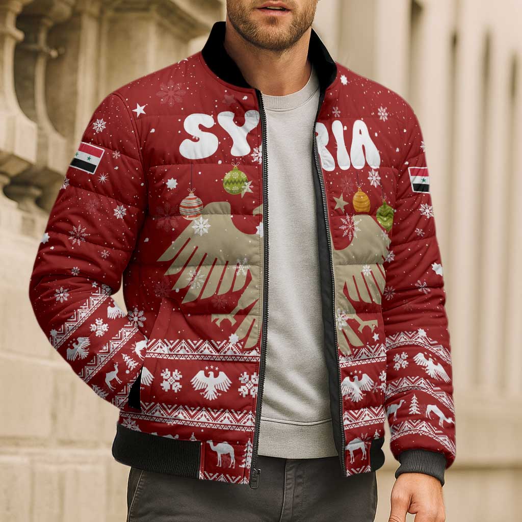 Syria Christmas Bomber Puffer Jacket with Golden Eagle Emblem Christmas Camel Scene - Wonder Print Shop