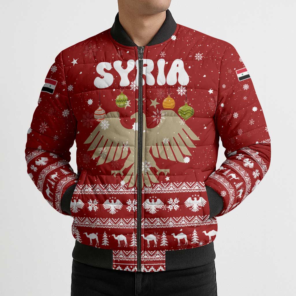 Syria Christmas Bomber Puffer Jacket with Golden Eagle Emblem Christmas Camel Scene - Wonder Print Shop