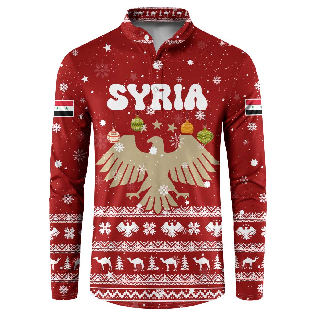 Syria Christmas Button Sweatshirt with Golden Eagle Emblem Christmas Camel Scene - Wonder Print Shop