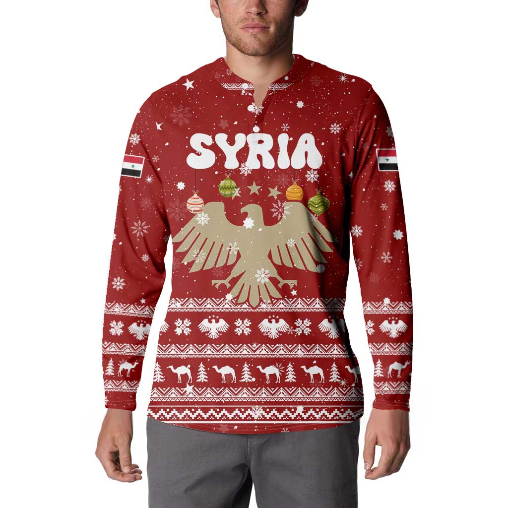 Syria Christmas Button Sweatshirt with Golden Eagle Emblem Christmas Camel Scene - Wonder Print Shop