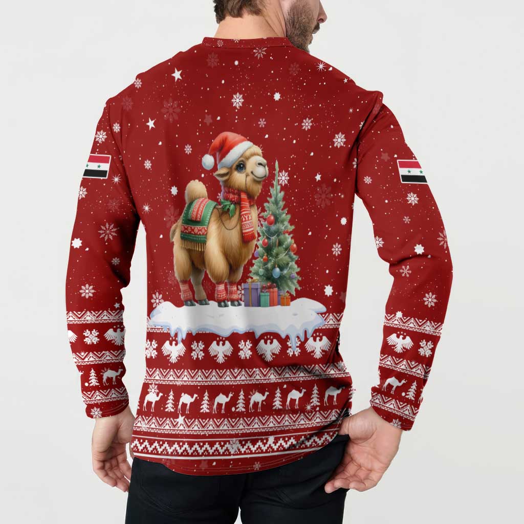 Syria Christmas Button Sweatshirt with Golden Eagle Emblem Christmas Camel Scene - Wonder Print Shop