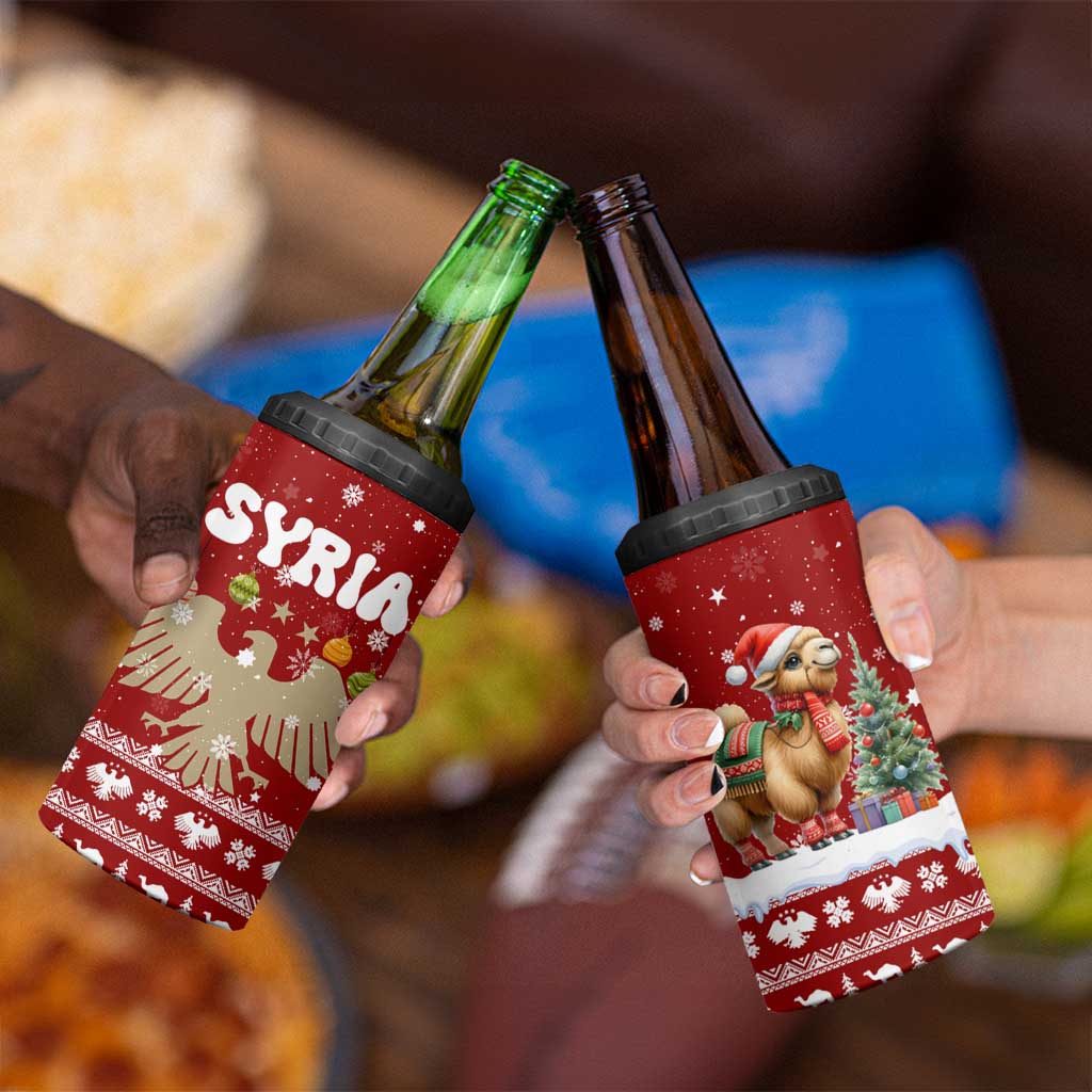 Syria Christmas 4 in 1 Can Cooler Tumbler with Golden Eagle Emblem Christmas Camel Scene - Wonder Print Shop