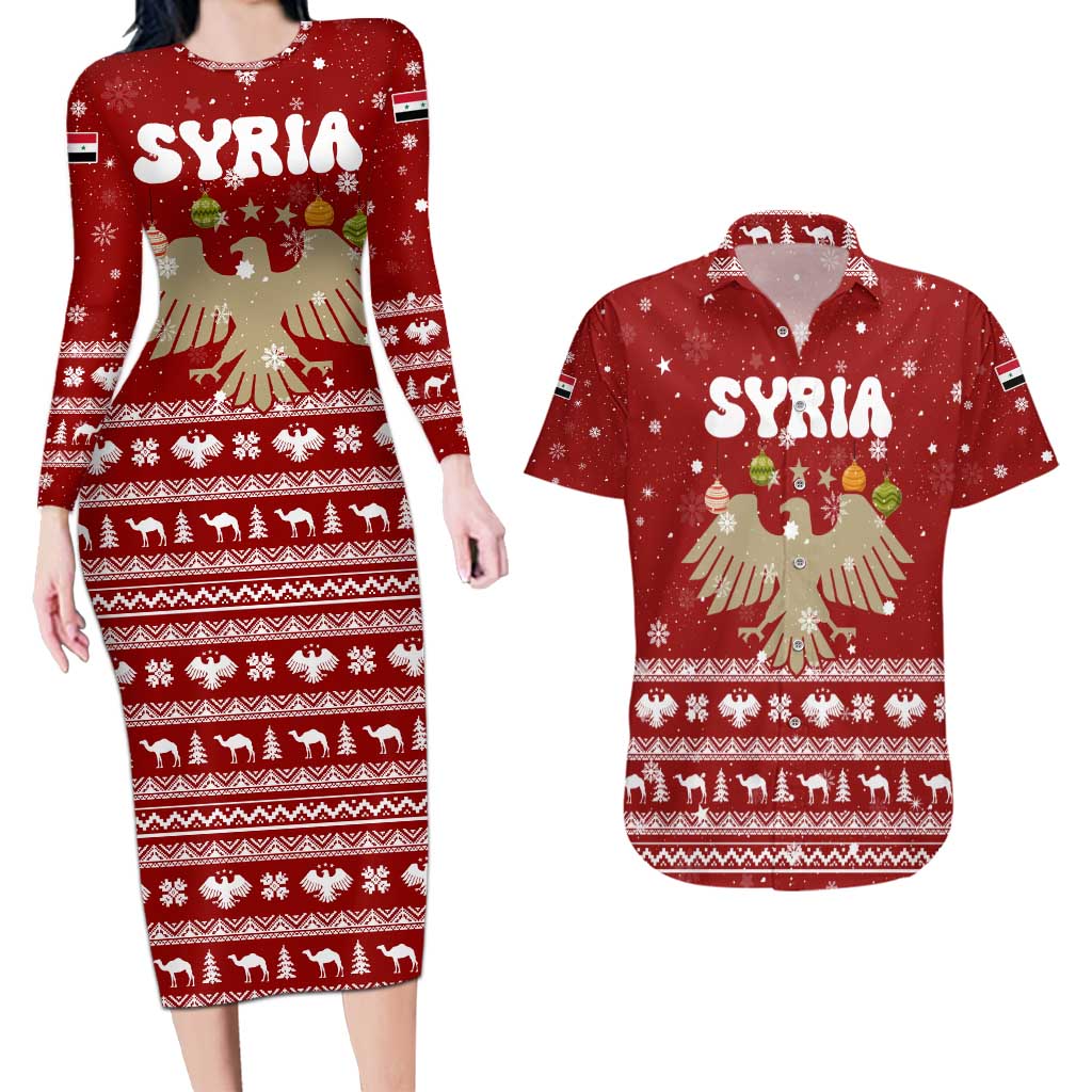 Syria Christmas Couples Matching Long Sleeve Bodycon Dress and Hawaiian Shirt with Golden Eagle Emblem Christmas Camel Scene - Wonder Print Shop