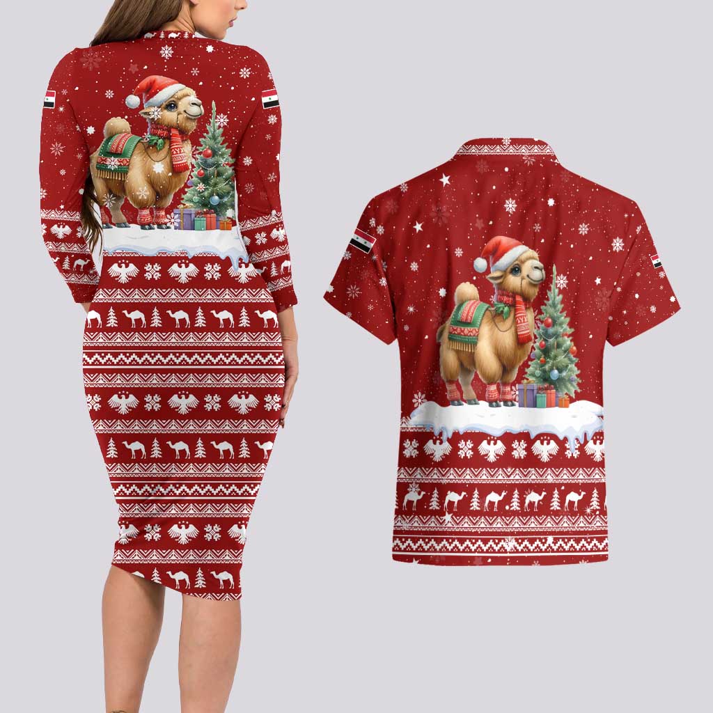 Syria Christmas Couples Matching Long Sleeve Bodycon Dress and Hawaiian Shirt with Golden Eagle Emblem Christmas Camel Scene - Wonder Print Shop