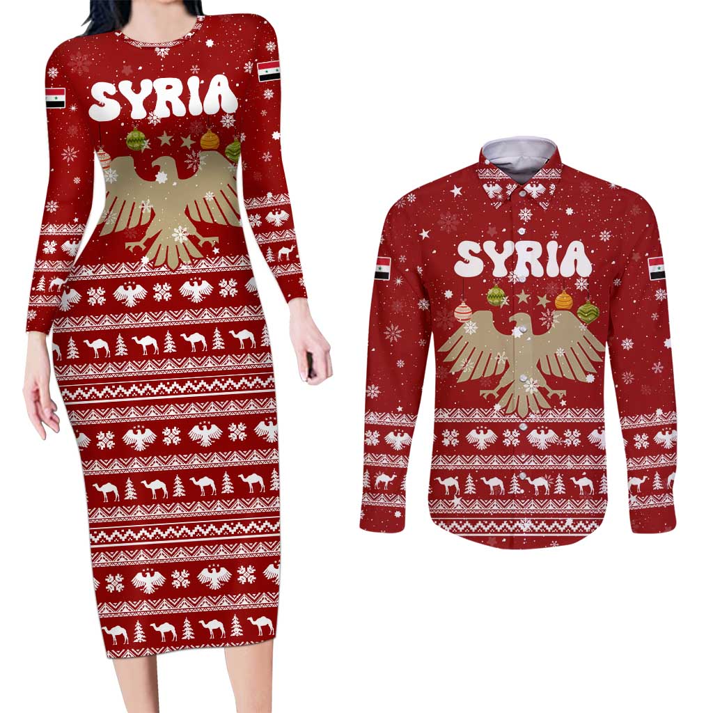 Syria Christmas Couples Matching Long Sleeve Bodycon Dress and Long Sleeve Button Shirt with Golden Eagle Emblem Christmas Camel Scene - Wonder Print Shop