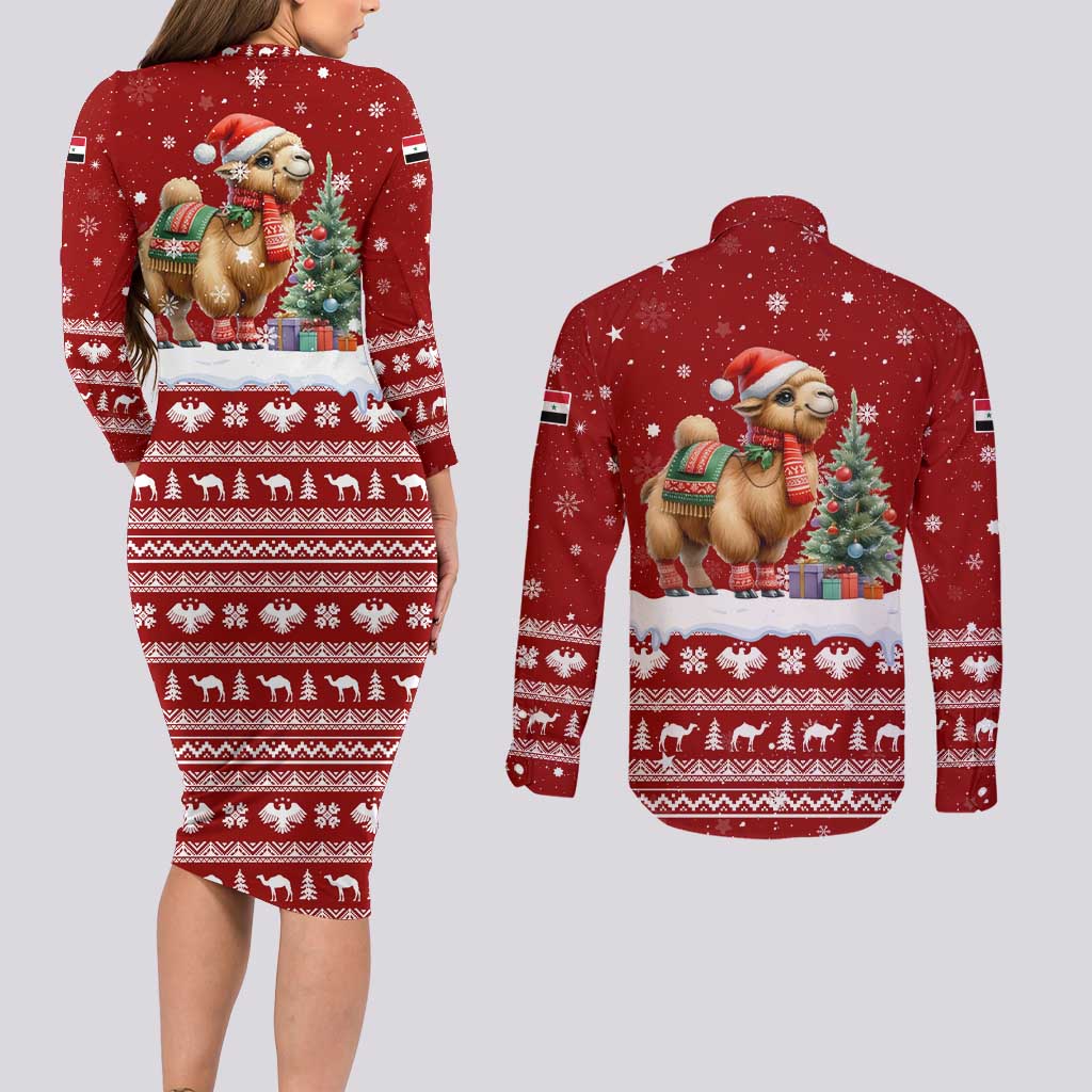 Syria Christmas Couples Matching Long Sleeve Bodycon Dress and Long Sleeve Button Shirt with Golden Eagle Emblem Christmas Camel Scene - Wonder Print Shop
