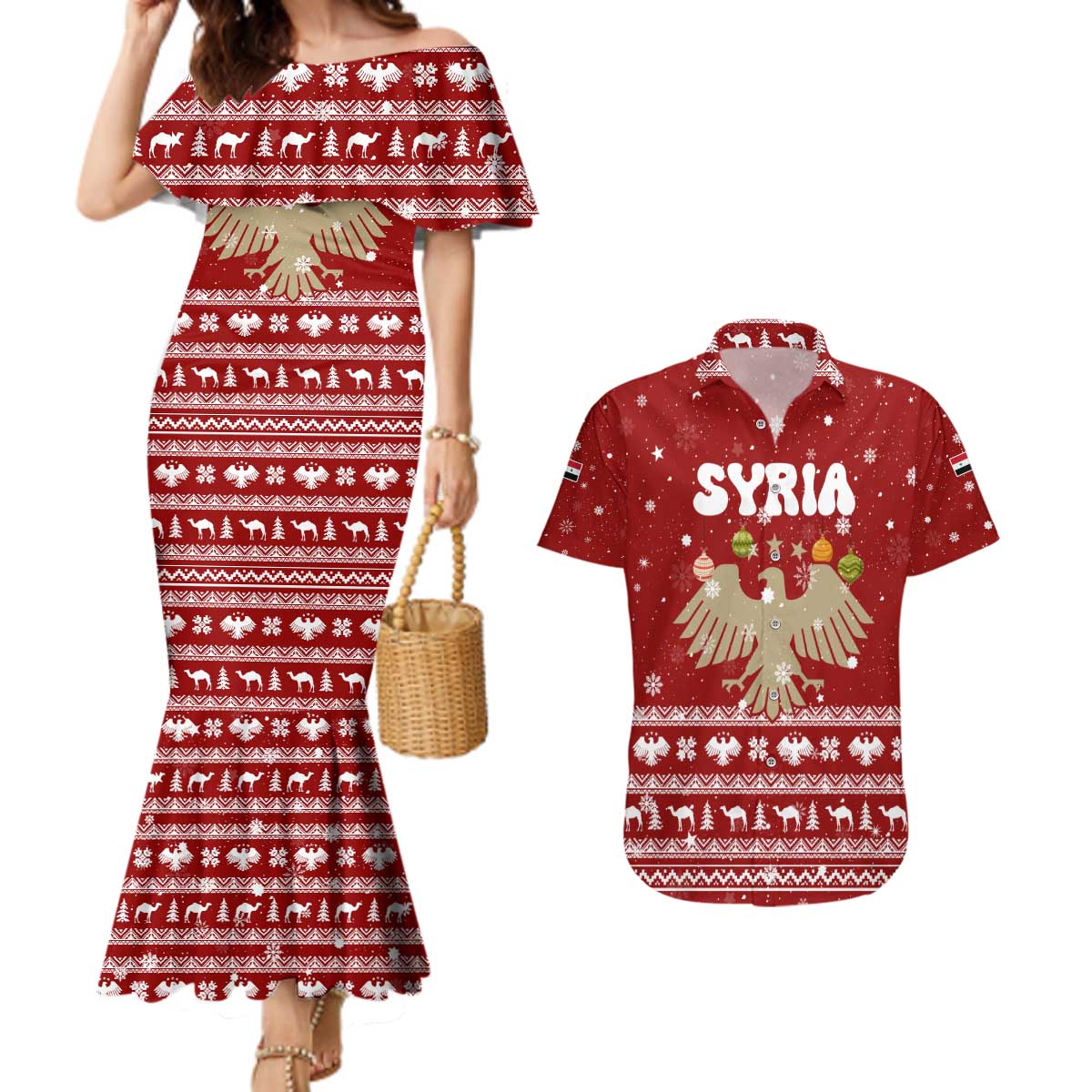 Syria Christmas Couples Matching Mermaid Dress and Hawaiian Shirt with Golden Eagle Emblem Christmas Camel Scene - Wonder Print Shop