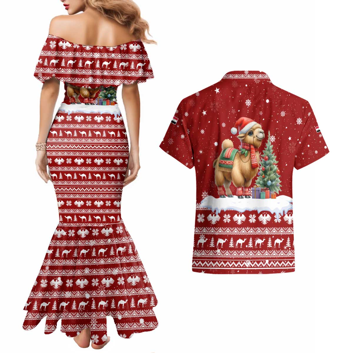 Syria Christmas Couples Matching Mermaid Dress and Hawaiian Shirt with Golden Eagle Emblem Christmas Camel Scene - Wonder Print Shop
