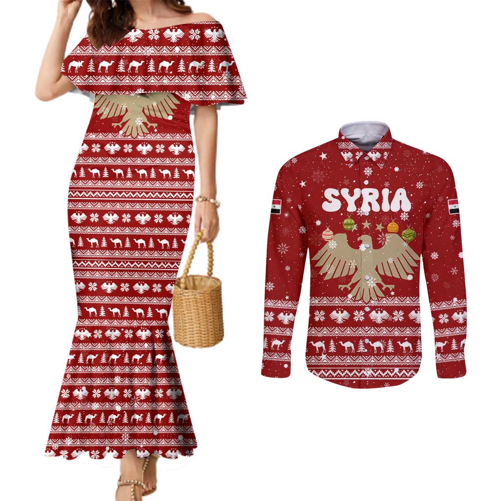 Syria Christmas Couples Matching Mermaid Dress and Long Sleeve Button Shirt with Golden Eagle Emblem Christmas Camel Scene - Wonder Print Shop