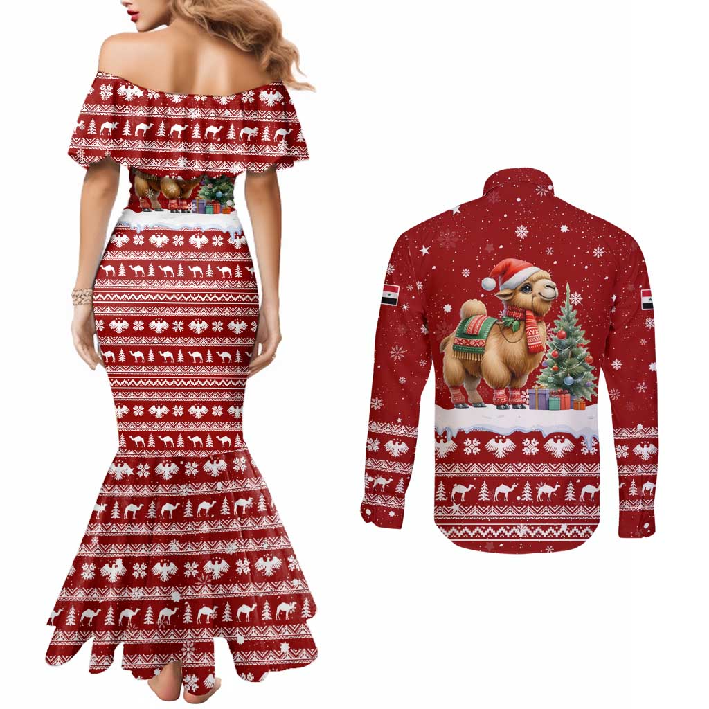 Syria Christmas Couples Matching Mermaid Dress and Long Sleeve Button Shirt with Golden Eagle Emblem Christmas Camel Scene - Wonder Print Shop