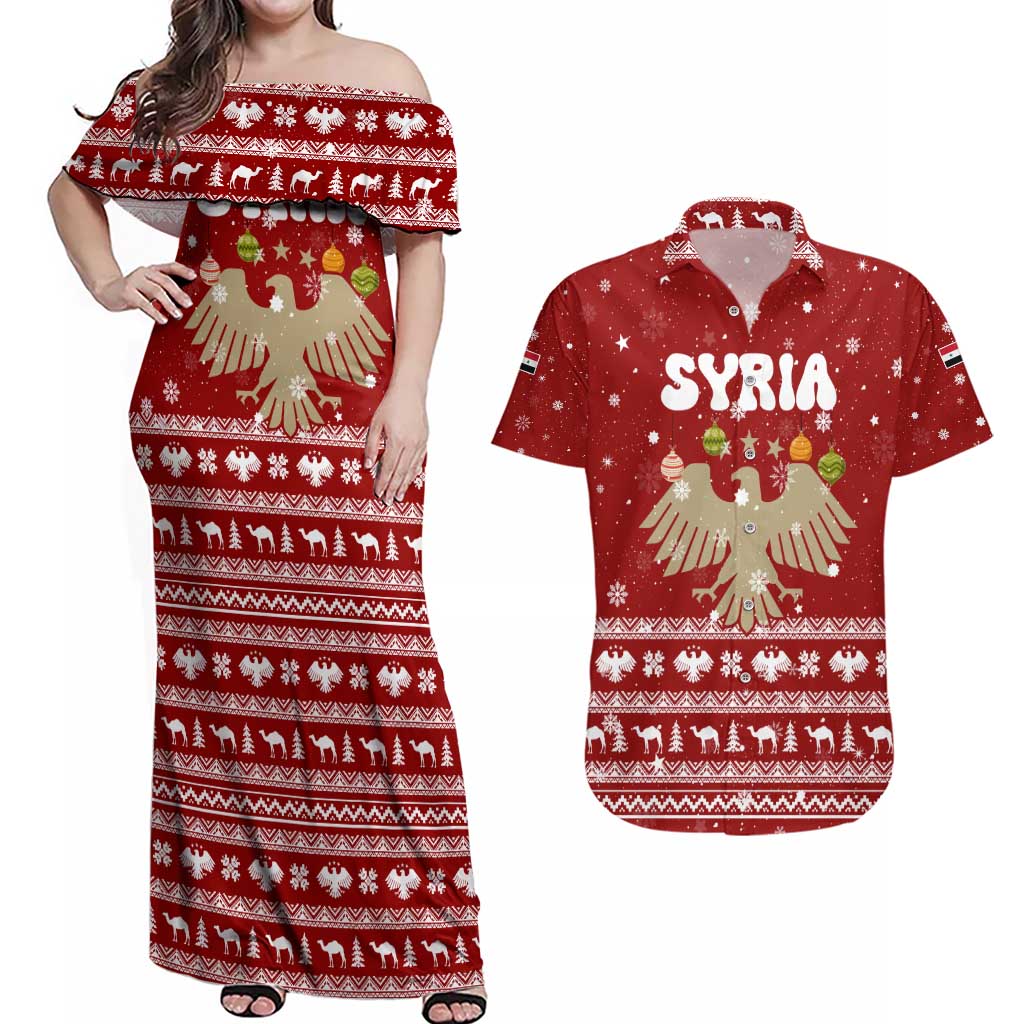 Syria Christmas Couples Matching Off Shoulder Maxi Dress and Hawaiian Shirt with Golden Eagle Emblem Christmas Camel Scene - Wonder Print Shop