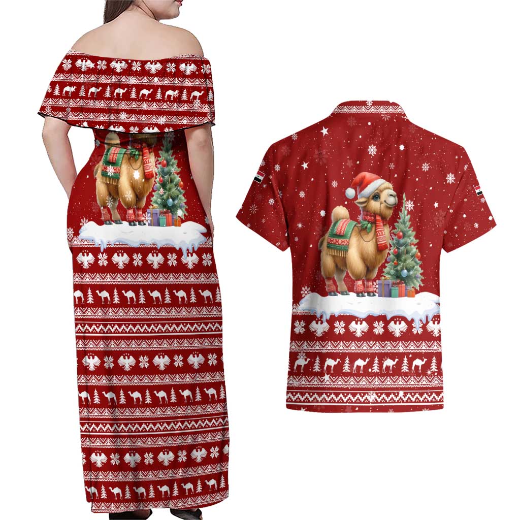 Syria Christmas Couples Matching Off Shoulder Maxi Dress and Hawaiian Shirt with Golden Eagle Emblem Christmas Camel Scene - Wonder Print Shop