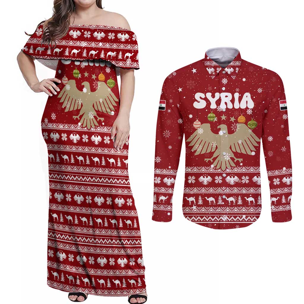 Syria Christmas Couples Matching Off Shoulder Maxi Dress and Long Sleeve Button Shirt with Golden Eagle Emblem Christmas Camel Scene - Wonder Print Shop