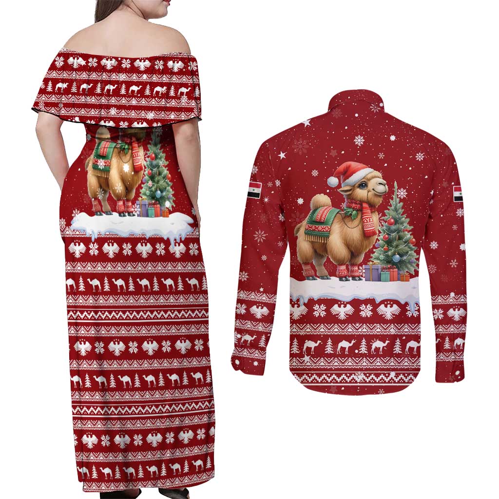 Syria Christmas Couples Matching Off Shoulder Maxi Dress and Long Sleeve Button Shirt with Golden Eagle Emblem Christmas Camel Scene - Wonder Print Shop