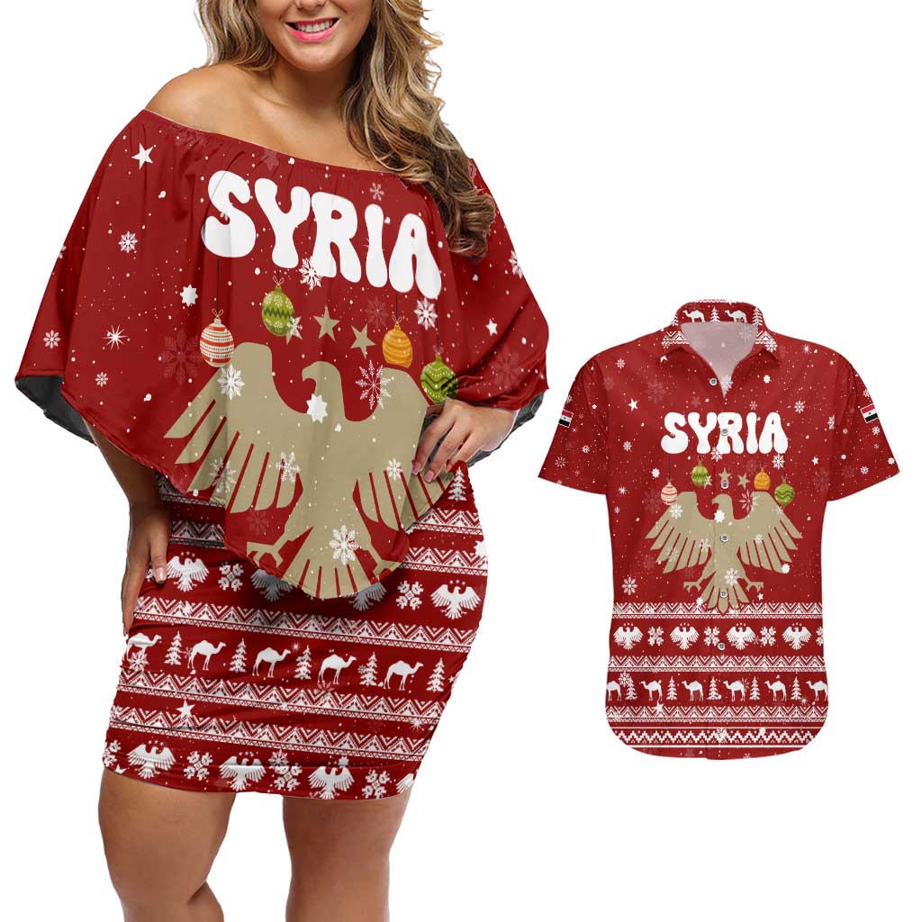 Syria Christmas Couples Matching Off Shoulder Short Dress and Hawaiian Shirt with Golden Eagle Emblem Christmas Camel Scene - Wonder Print Shop