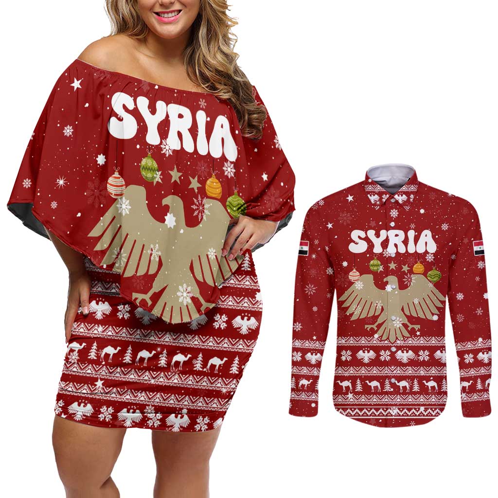 Syria Christmas Couples Matching Off Shoulder Short Dress and Long Sleeve Button Shirt with Golden Eagle Emblem Christmas Camel Scene - Wonder Print Shop