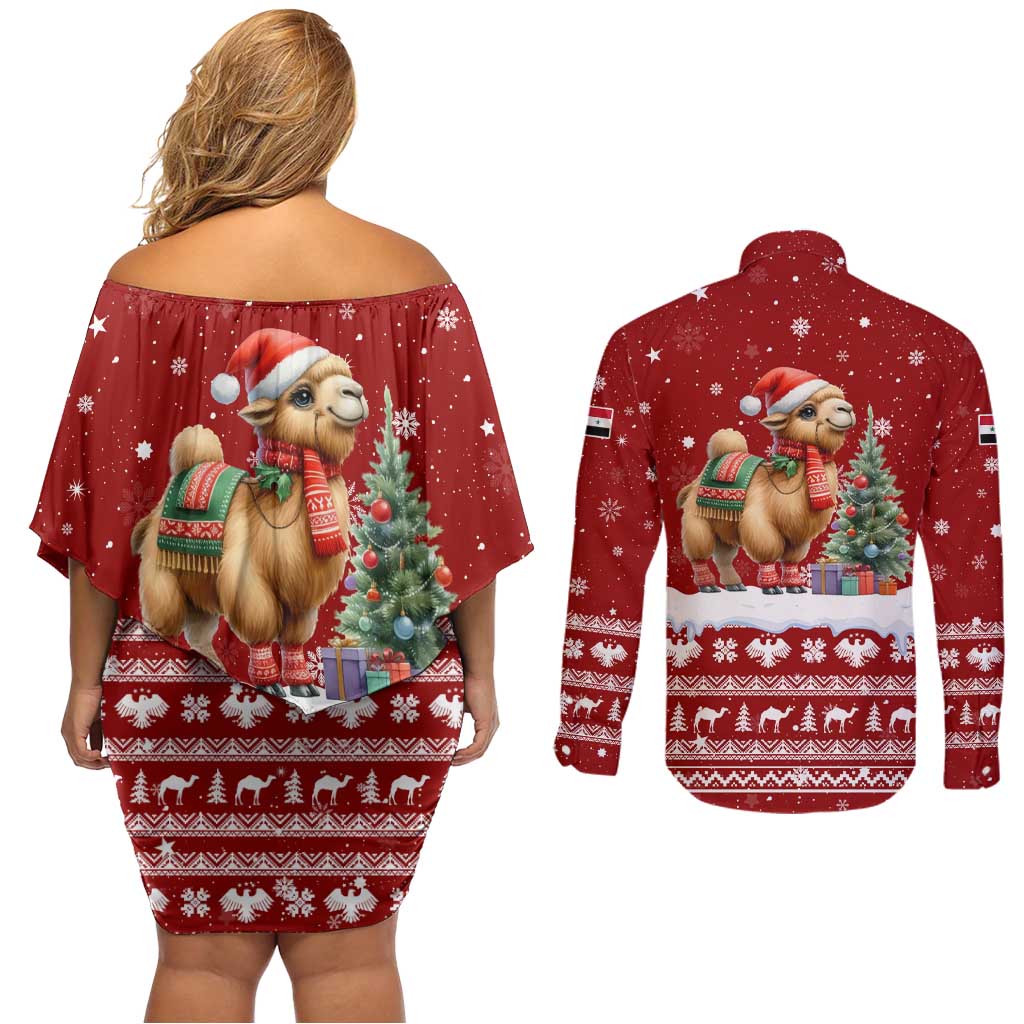 Syria Christmas Couples Matching Off Shoulder Short Dress and Long Sleeve Button Shirt with Golden Eagle Emblem Christmas Camel Scene - Wonder Print Shop