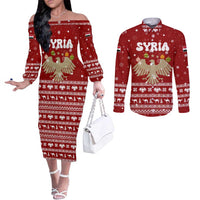 Syria Christmas Couples Matching Off The Shoulder Long Sleeve Dress and Long Sleeve Button Shirt with Golden Eagle Emblem Christmas Camel Scene - Wonder Print Shop