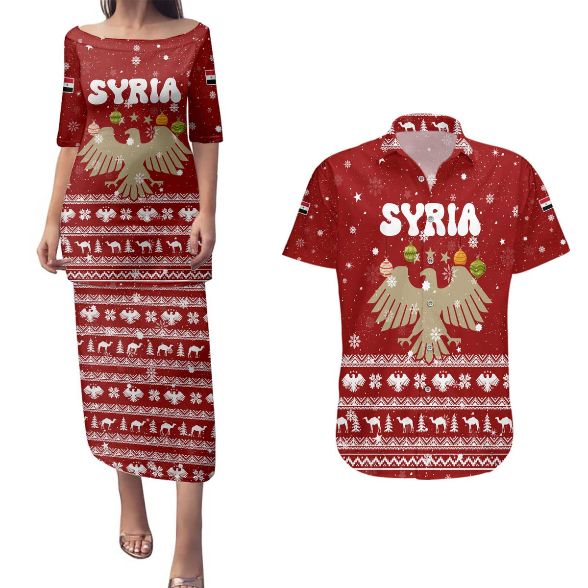 Syria Christmas Couples Matching Puletasi and Hawaiian Shirt with Golden Eagle Emblem Christmas Camel Scene - Wonder Print Shop