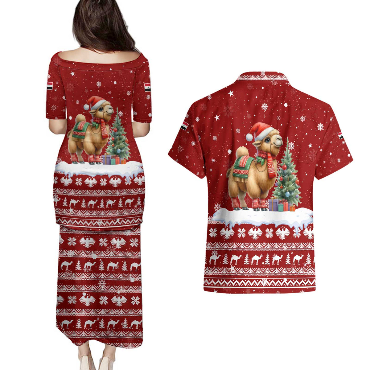 Syria Christmas Couples Matching Puletasi and Hawaiian Shirt with Golden Eagle Emblem Christmas Camel Scene - Wonder Print Shop