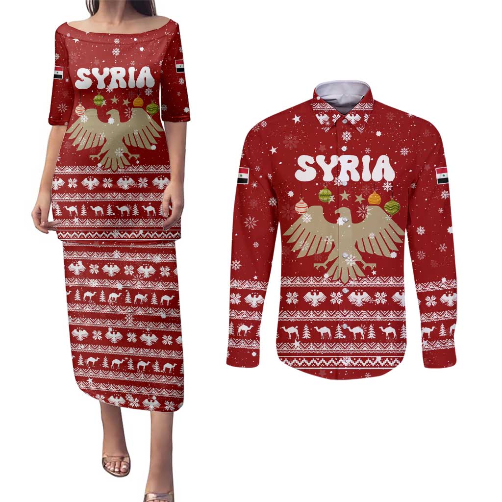 Syria Christmas Couples Matching Puletasi and Long Sleeve Button Shirt with Golden Eagle Emblem Christmas Camel Scene - Wonder Print Shop