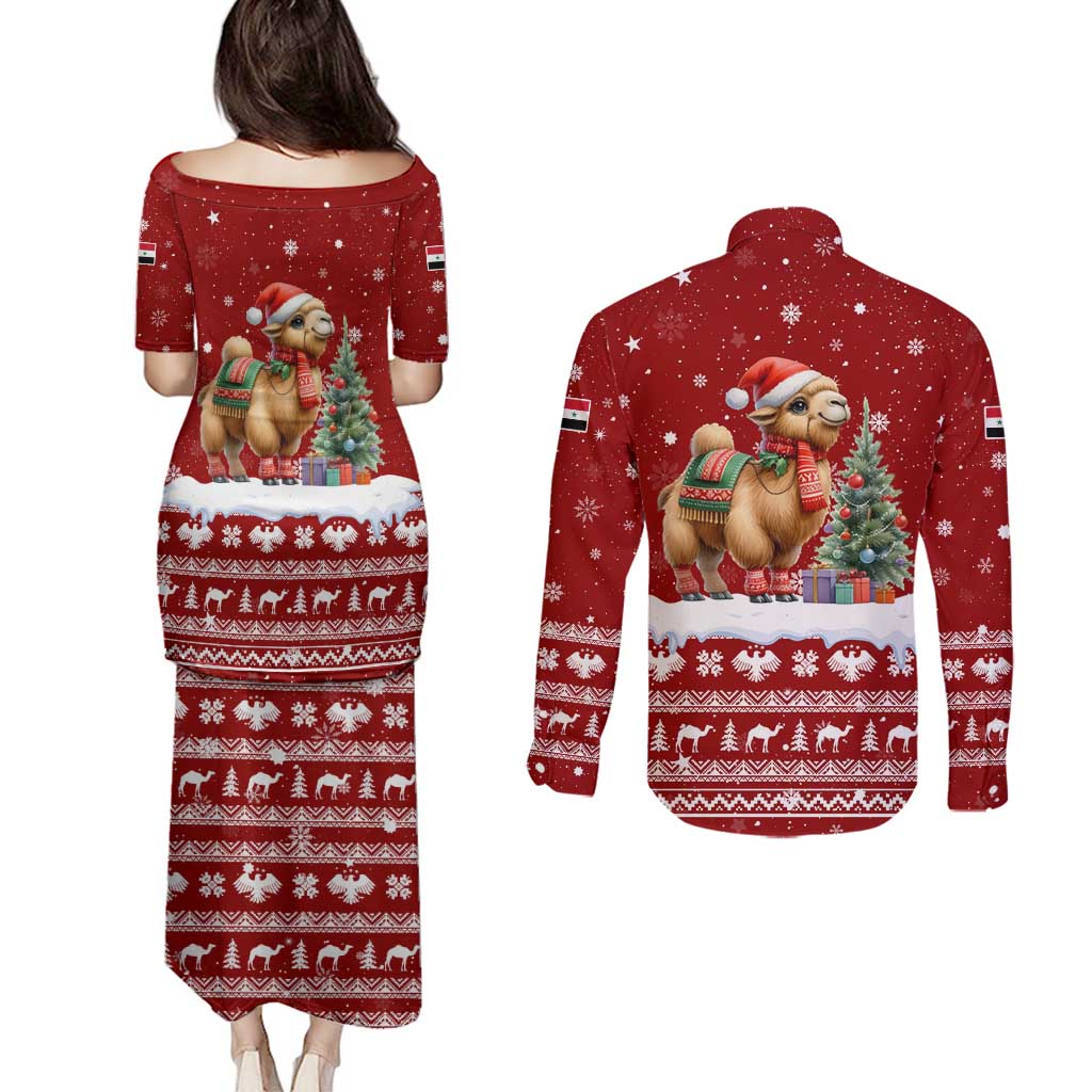 Syria Christmas Couples Matching Puletasi and Long Sleeve Button Shirt with Golden Eagle Emblem Christmas Camel Scene - Wonder Print Shop