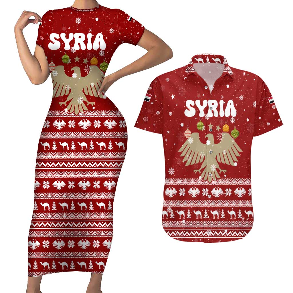 Syria Christmas Couples Matching Short Sleeve Bodycon Dress and Hawaiian Shirt with Golden Eagle Emblem Christmas Camel Scene - Wonder Print Shop